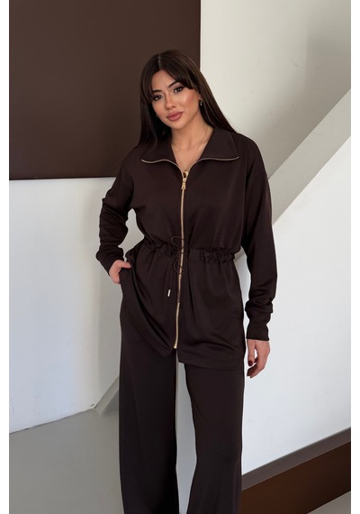 Balenbi Oversize Fermuarlı Beli Bağcıklı Polo Yaka Modal Kadın Takım 1196 - Form Serisi Kahverengi Balenbi Oversize Fermuarlı Beli Bağcıklı Polo Yaka Modal Kadın Takım 1196 - Form Serisi Kahverengi