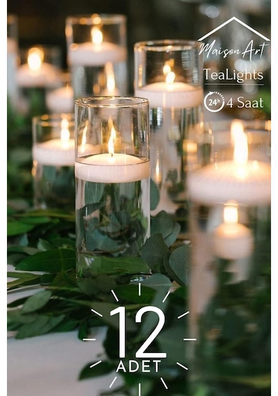 Float Beyaz 12 Adet Yüzen Mum 4 Saat Yanan Tea Light Mum Kokusuz Terapi Mumu