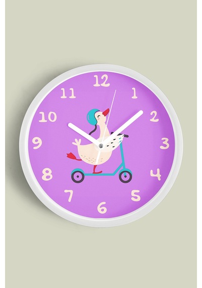 Scooter Yapan Sevimli Kaz / Ördek Çocuk Odası Duvar Saati - 35cm - Önü Camlı Beyaz Kasa Beyaz