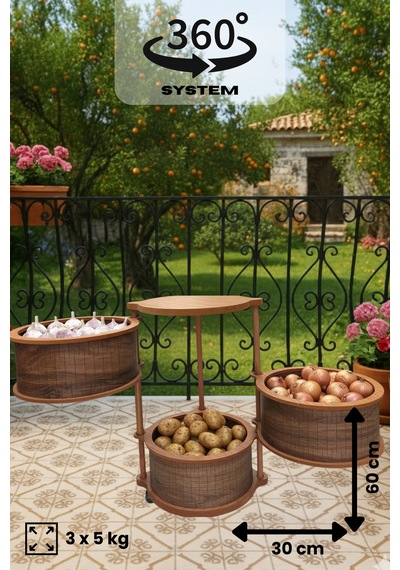 Ahşap Sebzelik Geleneksel Tasarım Yuvarlak Kemençe Desenli 3 X 5 Kg Kapasiteli Hazır Gönderim Diğer