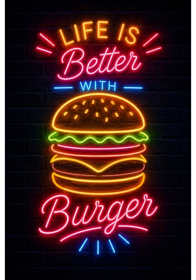 Hamburger Neon Duvar Tablosu Mdf Baskı Retro Kafe Restoran Dekoru 20x30 Cm