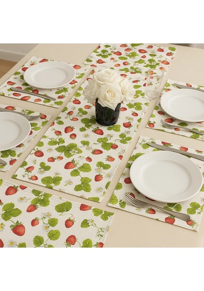 Çilek Desenli Masa Runner 35x120 Cm Ve Amerikan Servis Seti 6 Kişilik Çok Renkli