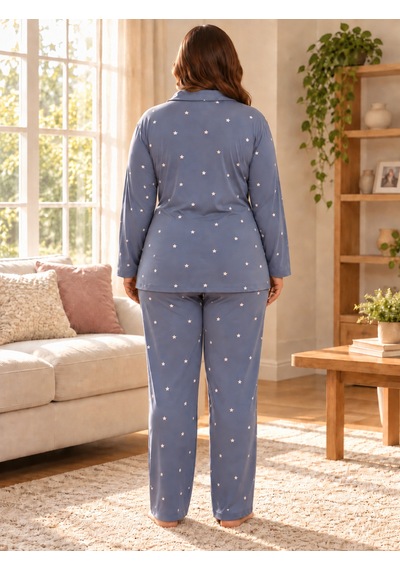 Seboteks Milan Kumaş Önden Düğmeli Uzun Kollu Büyük Beden Kadın Pijama Takımı 3499 Füme