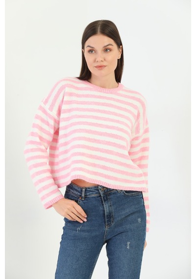 Youknitwear You Angora Çizgili Kazak Pembe