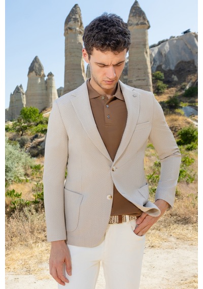 Morven Erkek Bej Örme Slim Fit Torba Cep Mono Yaka Spor Ceket 24ms002021653 Bej