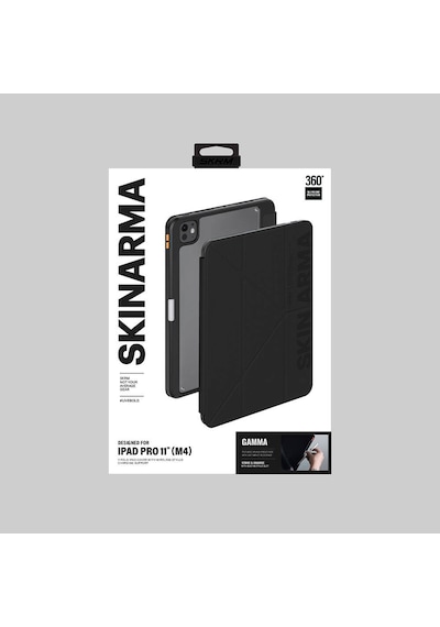 Apple Uyumlu iPad Pro 11 2024 Kılıf Skinarma Baskı Tasarım 360 Tam Koruma Arkası Şeffaf Standlı Gamma Kılıf Siyah