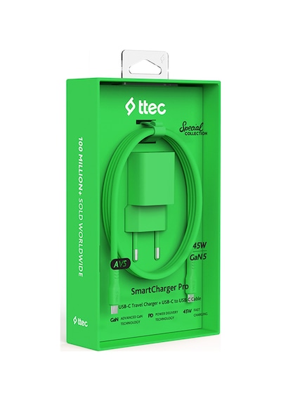 Ttec Smartcharger Gan 45W Avs PD Seyahat Hızlı Şarj Aleti + USB-C - USB-C 3A 120 CM Kablo Neon Yeşil