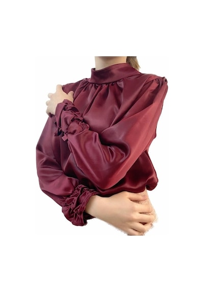 Mois Atelier Bordo Saten Büzgülü Bluz Gömlek Tasarım Büyük Beden Tesettür Bordo