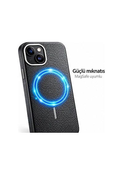 Apple İphone 13 Uyumlu Magsafe Özellikli Deri Kılıf Kamera Korumalı + Temperli Kırılmaz Cam Ekran Koruyucu Siyah