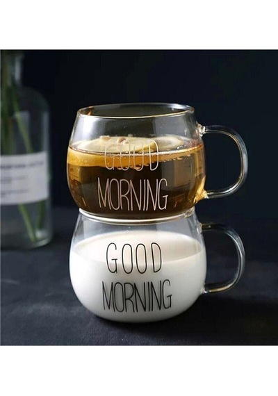 1 Li Good Morning Günaydın 400 Ml Borosilikat Cam Kupa Şeffaf