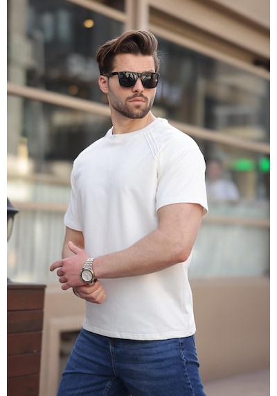 Madmext Ekru Bisiklet Yaka Basic Erkek T-shirt E7138 Ekru