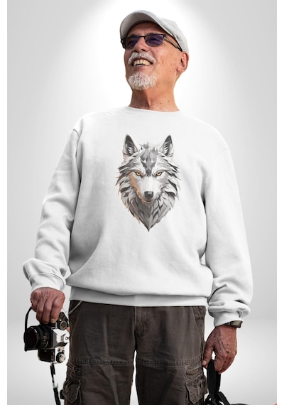 Beyaz Kurt Kafası Unisex Beyaz Baskılı Sweatshirt Beyaz