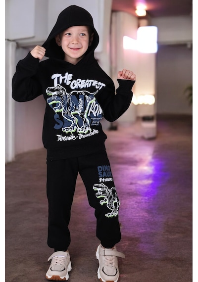 Lolliboomkids 3 İp Şardonlu Kapüşonlu Dinozor Desen Sweatshirt Eşofman Alt Üst Takım Siyah Renk Siyah Lolliboomkids 3 İp Şardonlu Kapüşonlu Dinozor Desen Sweatshirt Eşofman Alt Üst Takım Siyah Renk Siyah