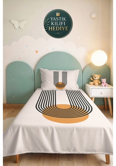 Hardal Geometrik Modern Genç Odası Tek Kişilik Pike Takımı - Siyah 160x220 Cm Kapitone Yatak Örtüsü Keten Doku Gölgesi