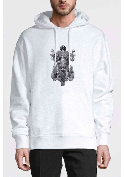 Motorcu Motorsiklet Baskılı Beyaz Erkek Kapşonlu Sweatshirt