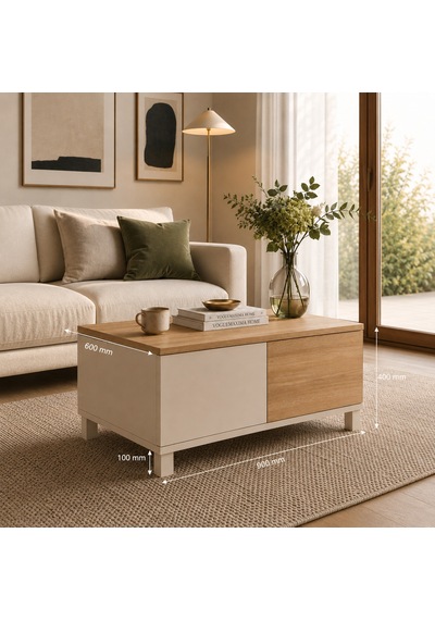 The Voguemaxima Mirelay 2 Çekmeceli Kayın Ahşap Ayaklı Orta Sehpa 90 60 40 Cm Bej