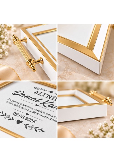 Bk Gift Kişiye Özel Beyaz&gold Söz Nişan Tepsisi-1 - 39x23 Cm Çok Renkli