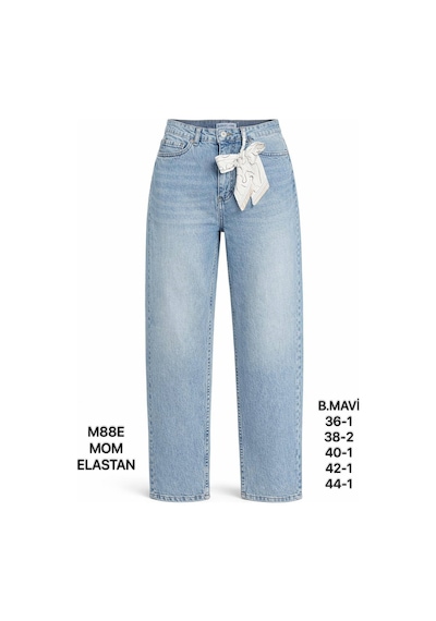 Miss Poem Kadın Buz Mavi Dantel Kemer Detaylı Yüksek Bel Mom Fit Jean Pantolon