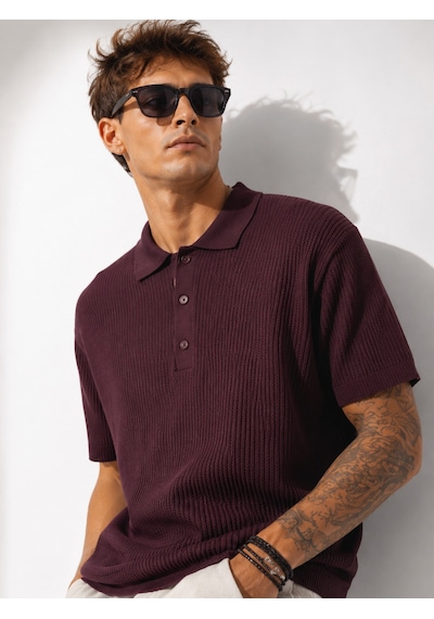 Ribana Erkek Kısa Kollu Fitilli Yarım Düğme Kapama Polo Yaka T-shirt 26001 Mürdüm