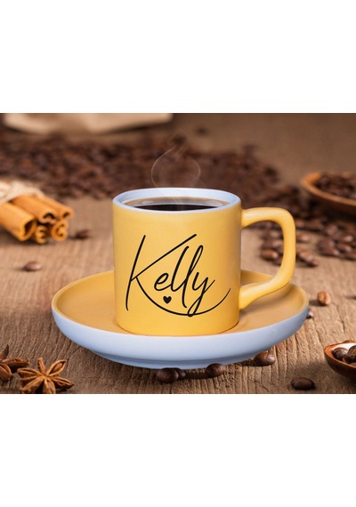 Bk Gift Kişiye Özel İsimli Mat Sarı Renk Türk Kahvesi Fincanı-5 Renkli Türk Kahvesi Fincanı, Arkadaşa Hediye, Anneye Hediye, Kahve Fincanı