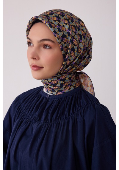 Belli Geometrik Desen %100 Twill İpek Eşarp Be03 Lacivert-Mor
