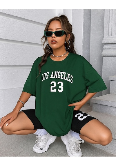 Los Angeles Baskılı Oversize Unisex Tişört Yeşil