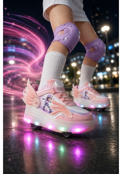 Muggo Wıngs Çocuk Kanat Detaylı Işıklı Patenli Tekerlekli Sneaker Spor Ayakkabı Pudra