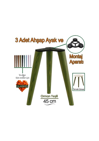 3 Adet Ahşap Ayak 45 Cm Orman Yeşili M8 Civatalı Bağlantı Aparatlı Mobilya Tabure Sehpa Masa Destek Ayağı Orman Yeşili