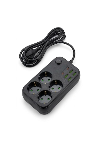 Lunaev Çoklu Priz Uzatma Kablosu 4 Soket + 4 Usb + 2 Type-c Termal Akım Korumalı, Isıya Dayanıklı, 0