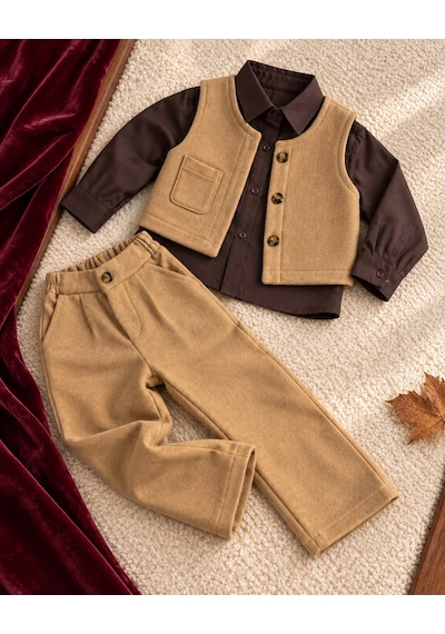 Kız - Erkek Çocuk Unisex Model Retro Kaşe Alt Üst Takım -gömlek Pantolon Yelek 3 Parça Kahverengi Kız - Erkek Çocuk Unisex Model Retro Kaşe Alt Üst Takım -gömlek Pantolon Yelek 3 Parça Kahverengi