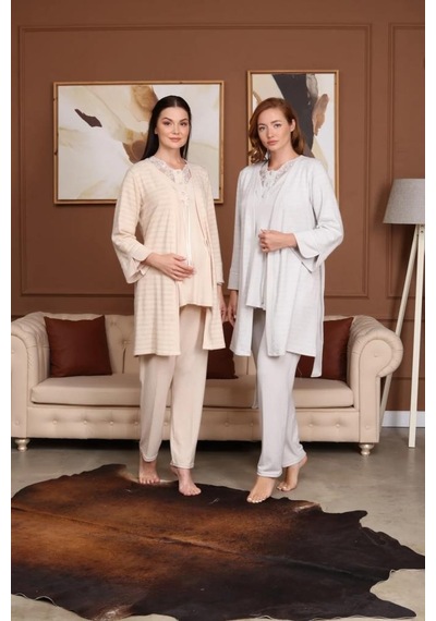 Birolgaye Bone Club 5711 Bej Hamile Lohusa 3 Lü Pijama Sabahlık Tk 001
