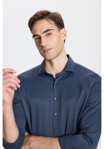 George Henry Pamuklu Oxford Slim Fit Dar Kesim İtalyan Yaka Armürlü Gömlek Lacivert