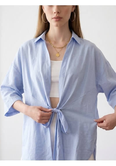 Pera Moda Önden Bağlamalı Uzun Kimono Yazlık İnce Gömlek Hırka Modeli Mavi