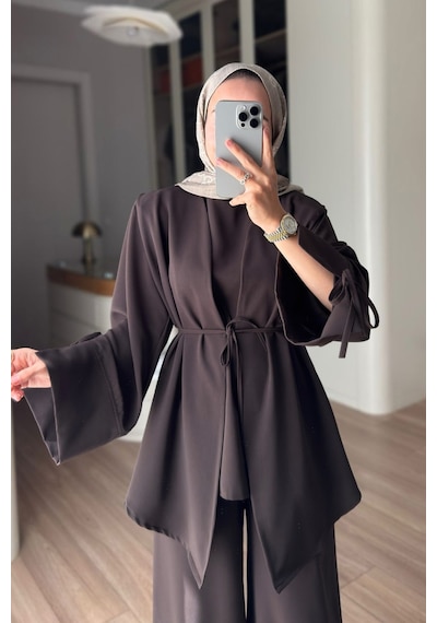 Ka Hijab Kol Detaylı Dökümlü Üçlü Takım - Kahverengi
