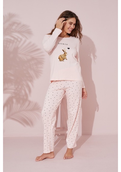 Siyah İnci Pamuklu Örme Pijama Takım 24241099 Somon