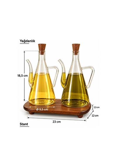 Bohem Tarz Borosilikat Cam Top Ayaklı Akasya Stantlı 2'li Yağdanlık & Sirkelik Seti Glazzy 500 M+500 Ml Gümüş