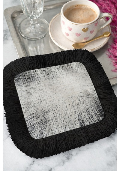Lüks Modern Art Saçaklı Sunum Peçetesi - Geometrik Minimalist Siyah Gümüş Bardak Altlığı Mendil Çok Renkli