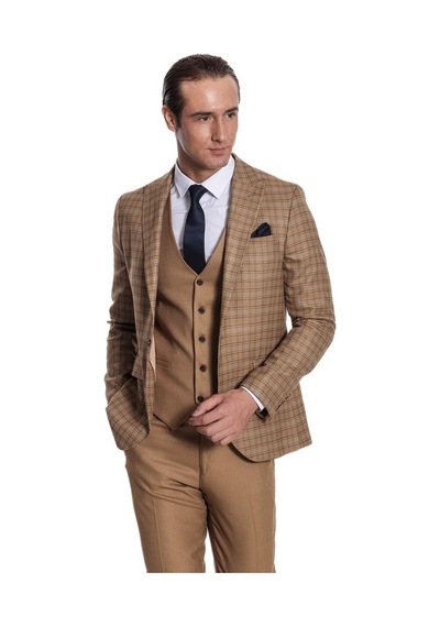 Wessi Ekose Ceketli Slim Fit Taba Erkek Takım Elbise Taba