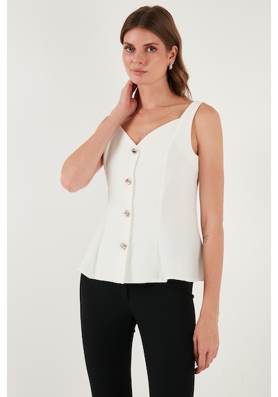 Lela Fitted Fit V Yaka Düğmeli Bayan Yelek 611Fyl145 Ekru