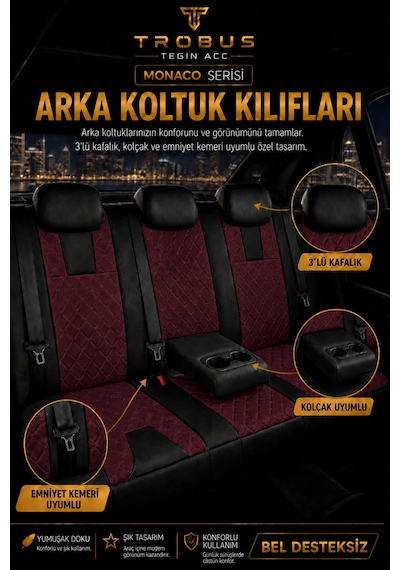 Vw Golf 7 Kasa 2013-2020 Uyumlu Monaco Serisi Eviza Deri Detaylı Bordo Koltuk Kılıfı