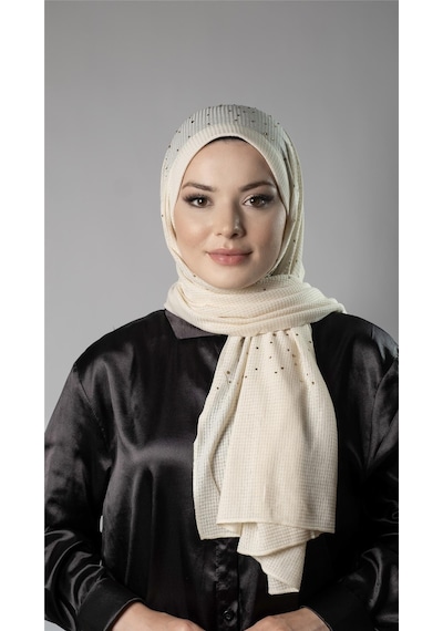 Hürrem Bone Krem Pratik Hazır Geçmeli Tesettür Şal Örme Kumaş Taş Desenli 2118t 40