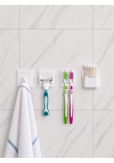 4'lü Banyo Organizer Seti - Havlu Askısı, Traş Askısı, Diş Fırçası Askısı Ve Kulak Çubuğu Askısı Beyaz