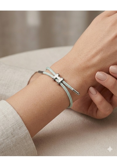 Unisex H Model Silver Renk Çelik Detay Su Yeşili İp Bileklik