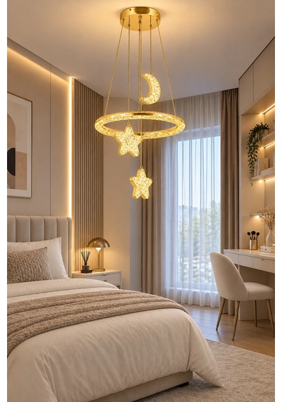 Modern Premium Gold Ay Yıldız 3 Renkli Ledli Sarkıt Avizesi Çocuk Genç Bebek Odası Modelleri 84w Beyaz