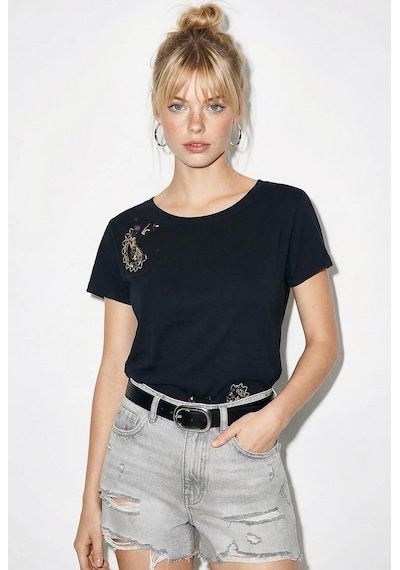 Shade Kadın Pamuk El İşi Nakış Detaylı  Tasarım T-shirt 1006 60282052 - Siyah L