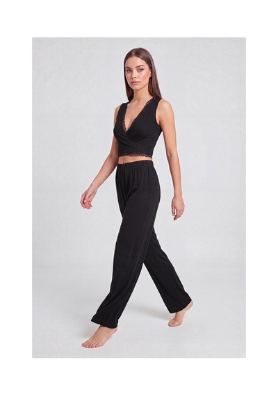 Lela Yumuşak Dokulu Sırtı Bağlamalı Dantelli Crop Pijama Takımı Bayan Pijama Takımı 6575015 Siyah
