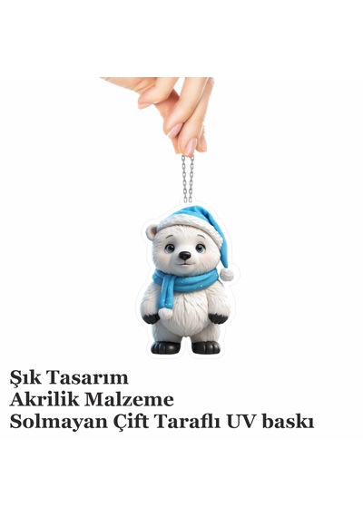 Araba Ayna Süsü, Araba Süsü, Çanta Aksesuarı - Sevimli Kutup Ayısı - Pleksi Malzeme, Uv Baskılı - 014 8x6 Cm