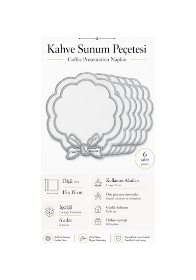 Gümüş Nakış İşlemeli 6'lı Kahve Yanı Sunum Peçetesi Çeyizlik Kahve Altı Sunum Peçetesi Vensura