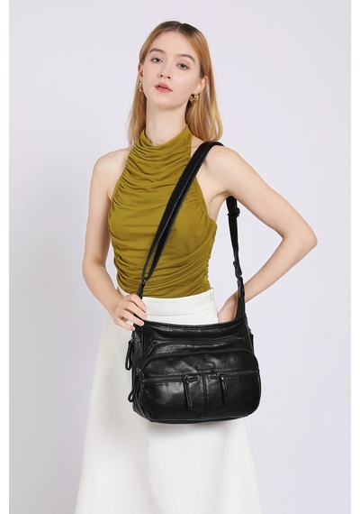 Hüvendo Siyah Orta Boy Çok Cepli Günlük Kadın Postacı Omuz Çantası