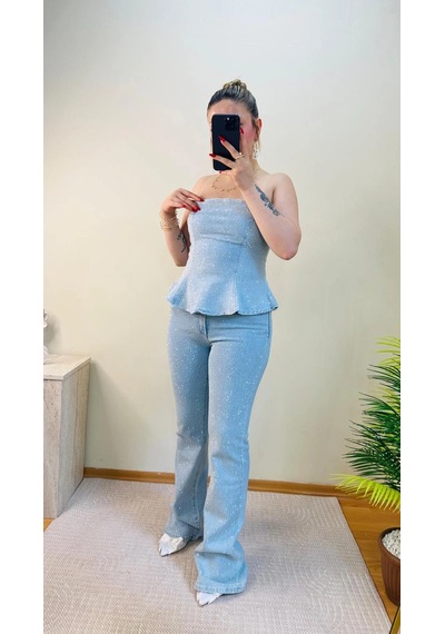 Elora Atelier Taşlı Peplum Straplez Denim İkili Takım Çok Renkli
